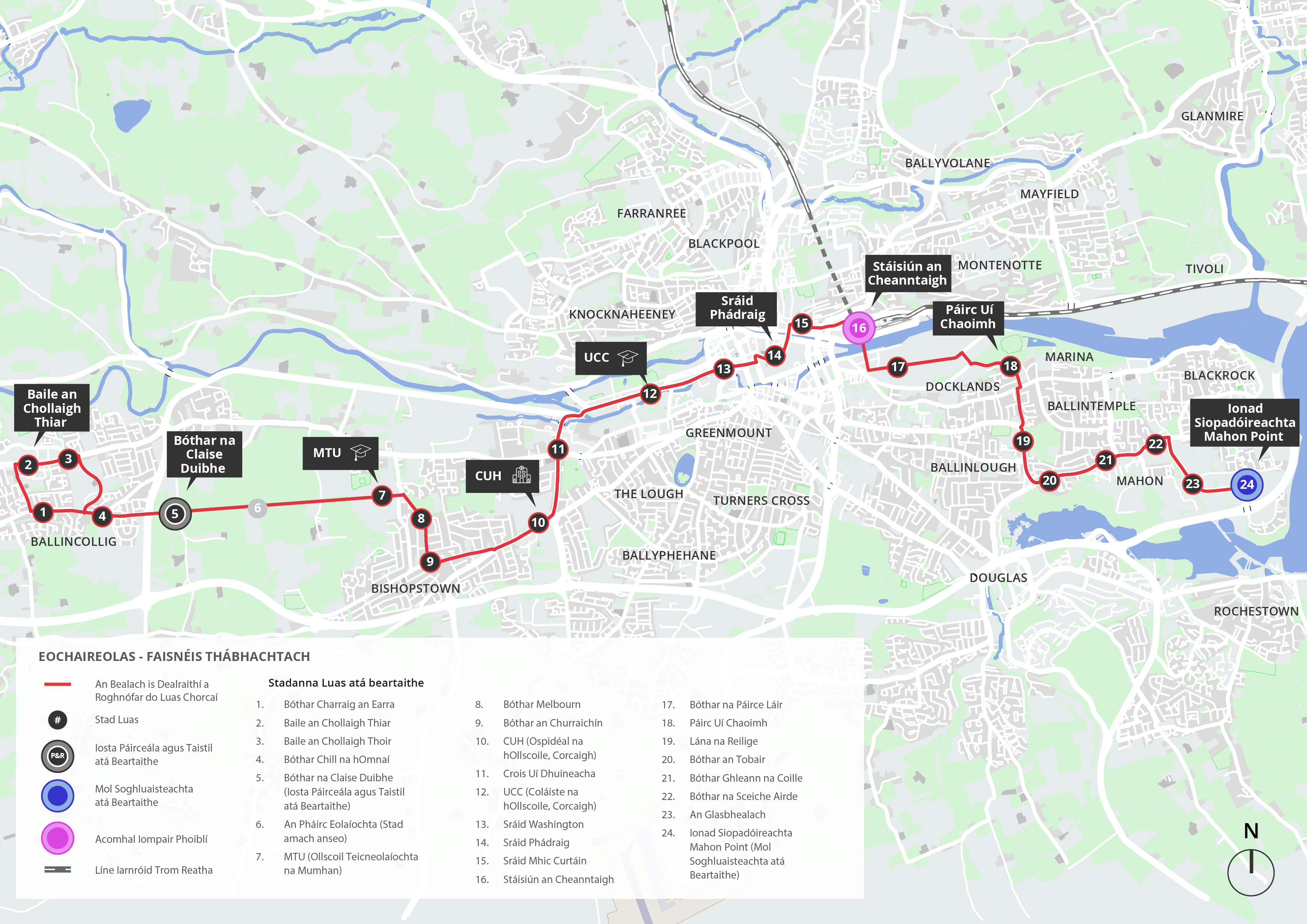 Map of Cork City showing the 25 proposed stops between Ballincollig and Mahon.