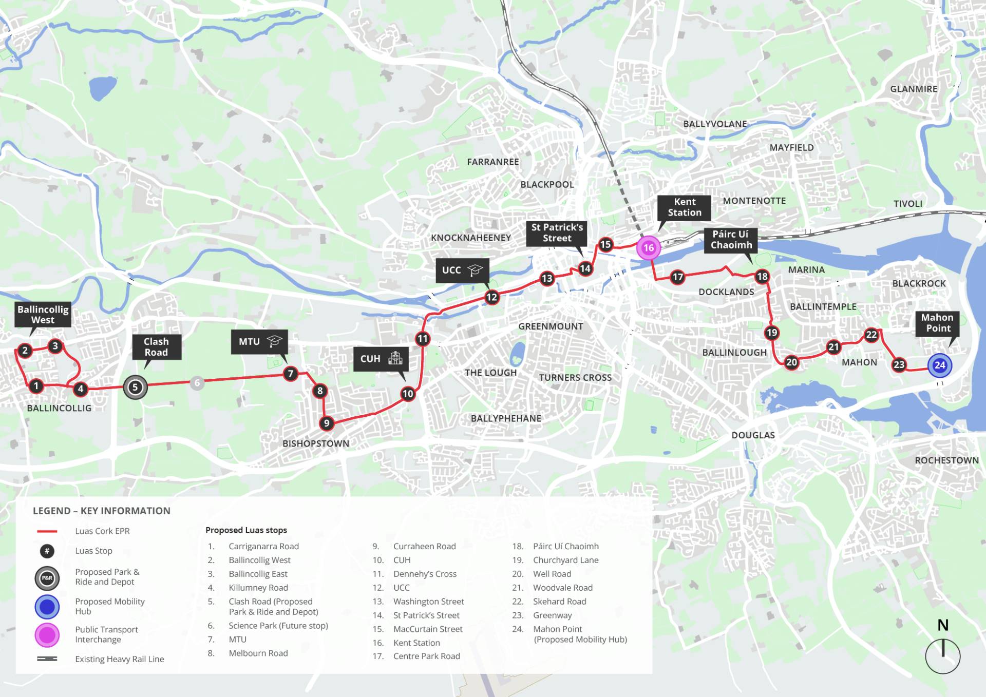 Map of Cork City showing the 24 proposed stops between Ballincollig and Mahon.