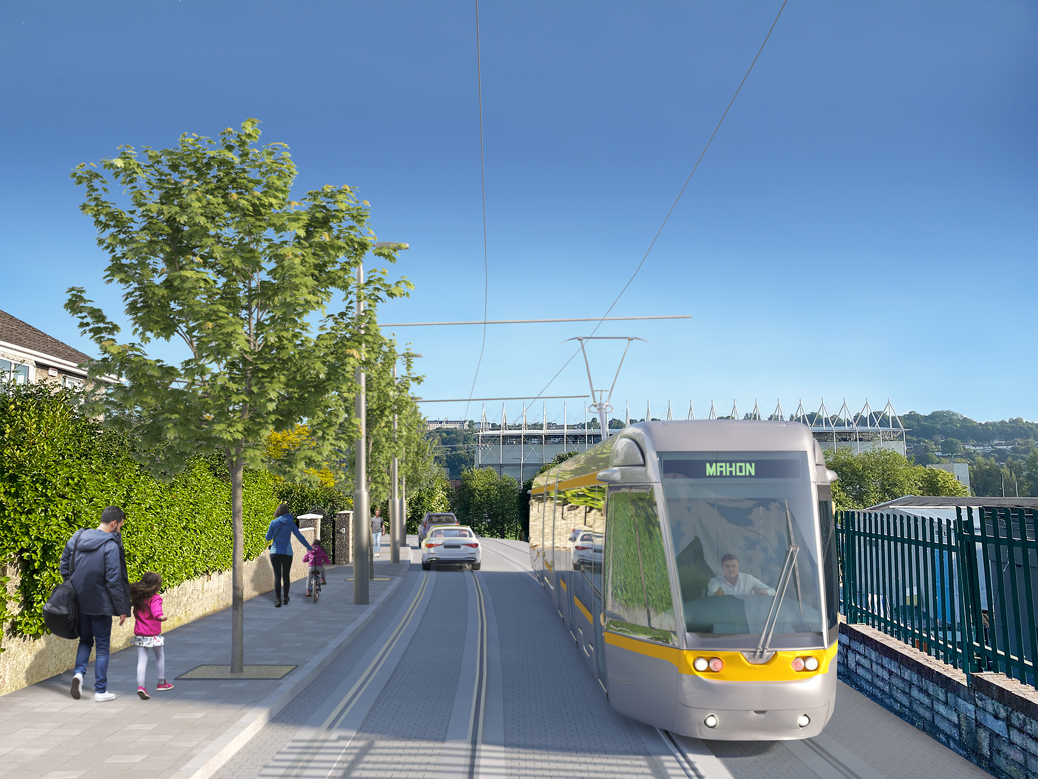 Radharc táscach de Luas Chorcaí trí Pháirc Uí Chaoimh