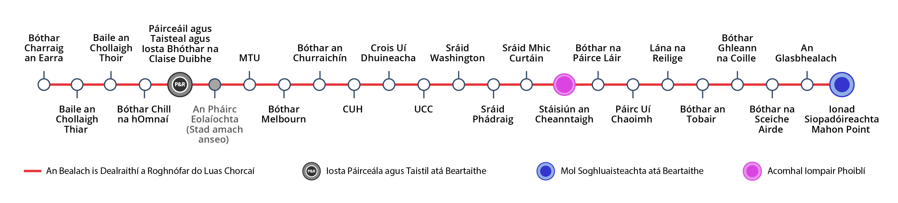 Image displaying all proposed stops on the LUAS Cork route
