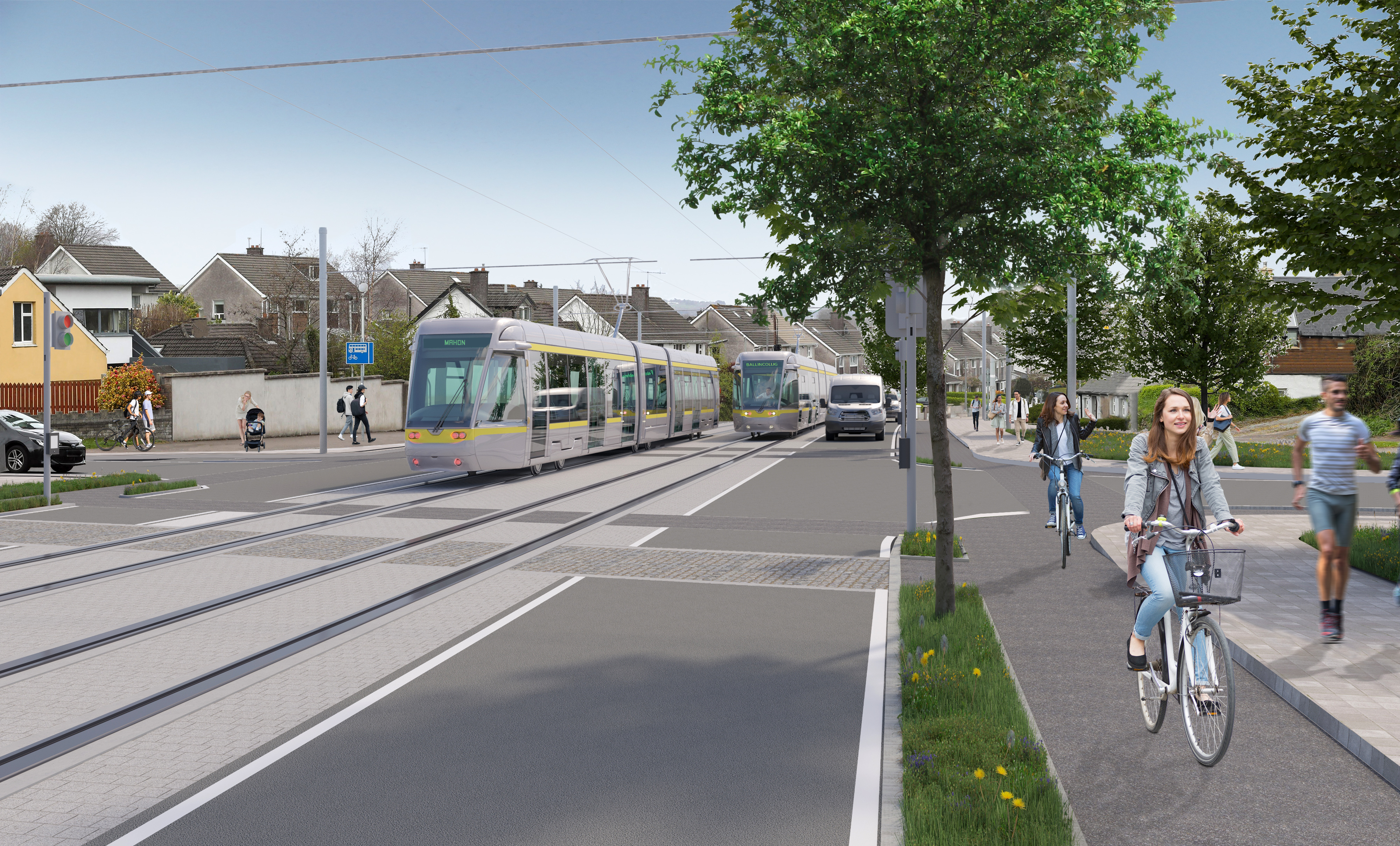 Radharc táscach de Luas Chorcaí trí Bhóthar na Sceiche Airde
